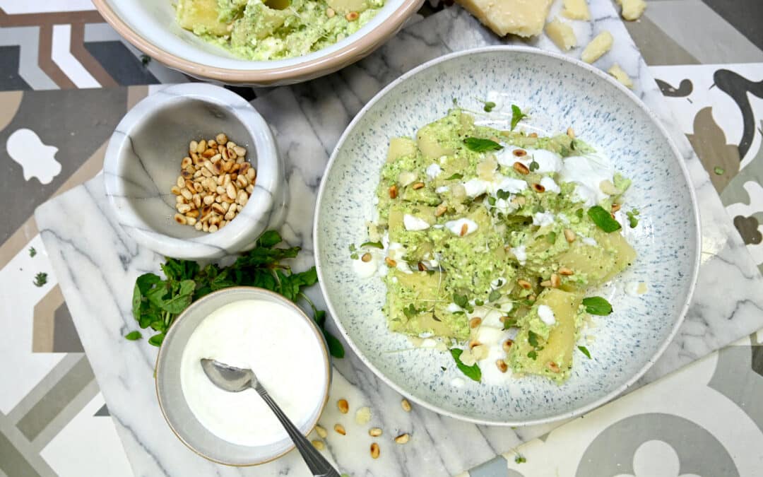 Paccheri with Ġbejna & broad beans pesto