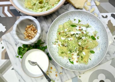 Paccheri with Ġbejna & broad beans pesto